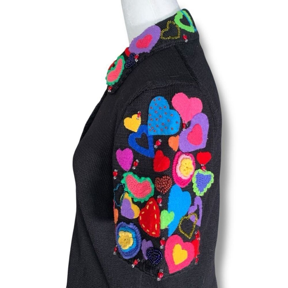 Vintage 90s Michael Simon Cropped Cardigan Bright Pink Knit Black Heart Pattern - Image 7